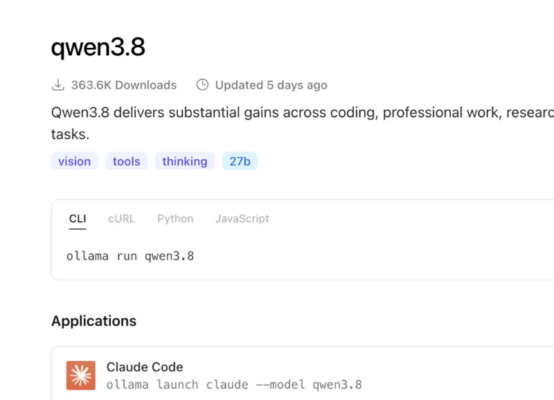 Ollama 官方模型页，Applications 第一行就是 Claude Code